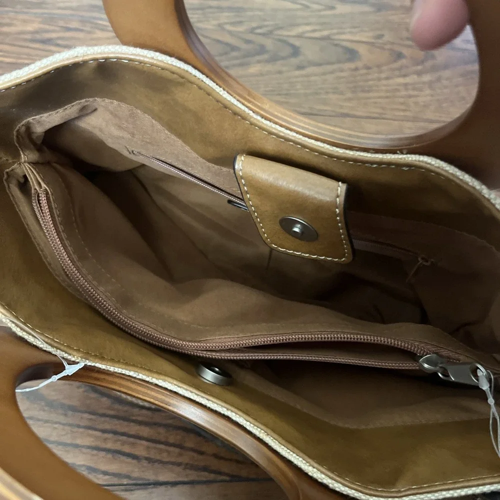 Relic Tan Weave Black Leaves Purse/ Handbag/Crossbody Wood Handles & Long Strap‎